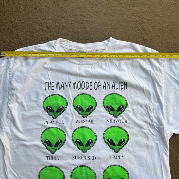 90’s  Aliens Many Faces T-shirt Size XL Funny Joke Humor Vintage White Green - Picture 6 of 10